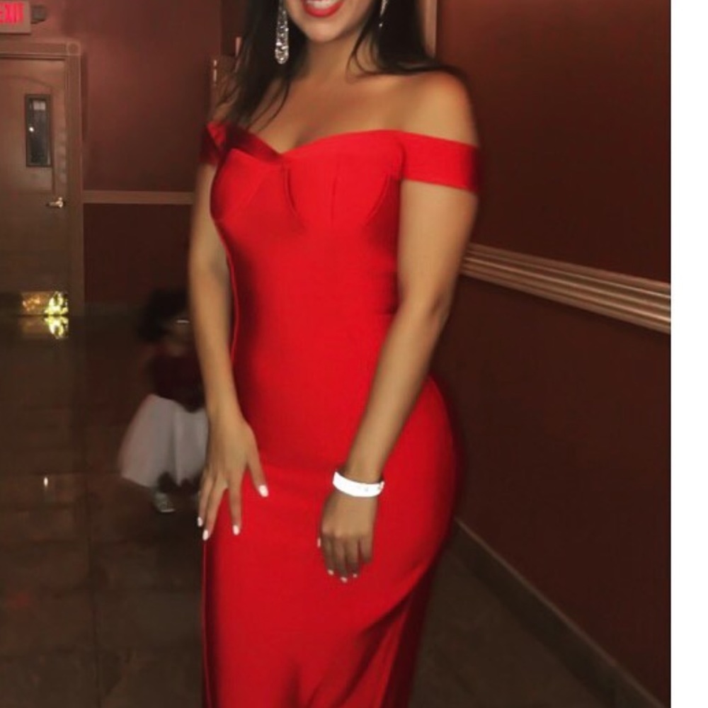 BW Closet-Red Bandage Over the Shoulder Midi Dress